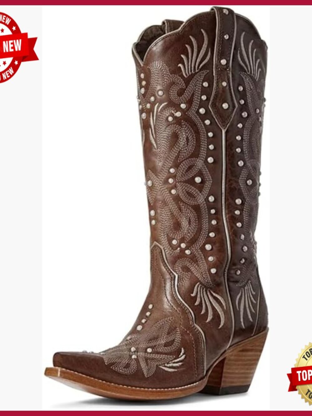 Knee High Cowboy Boots With Chunky Heel, Pointed Toe, Pearl Embellishment